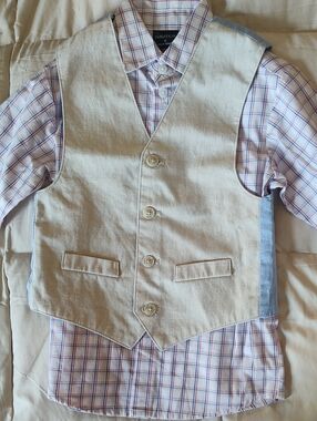 Nautica Boys Cream Vest with Light Blue Accents and Plaid Shirt + Pants
